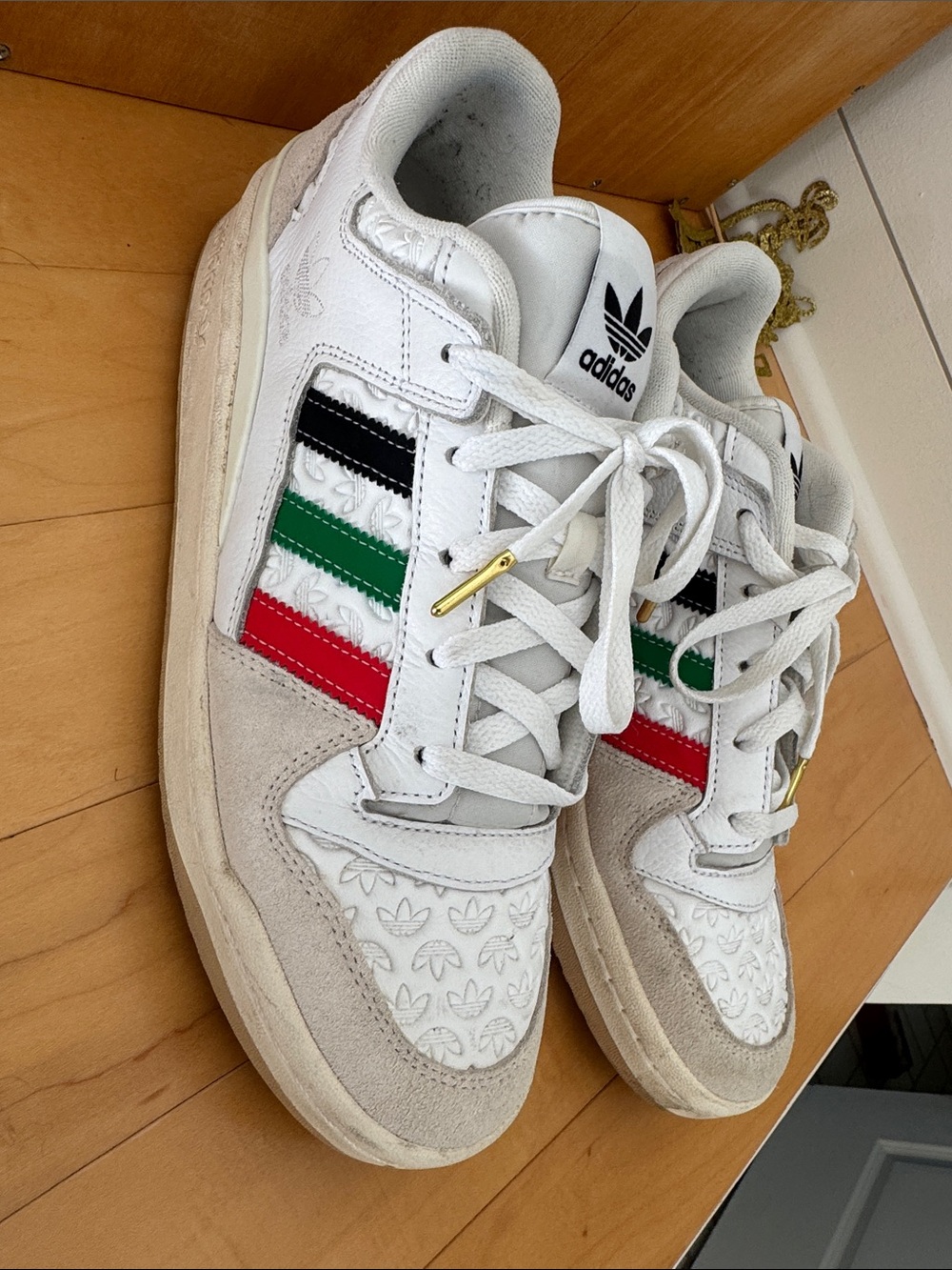 adidas White Low-Top Sneakers with Black, Green & Red Stripes